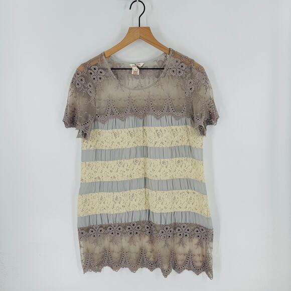 Sundance Lace Trim Tunic Top Size Small Taupe Cream Boho Romantic Crochet Blouse - Picture 1 of 7